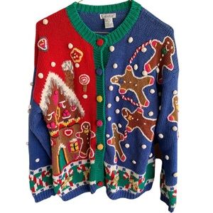 Vintage Colorful Christmas Holiday Sweater Gingerbread Design Graphic Embroidery